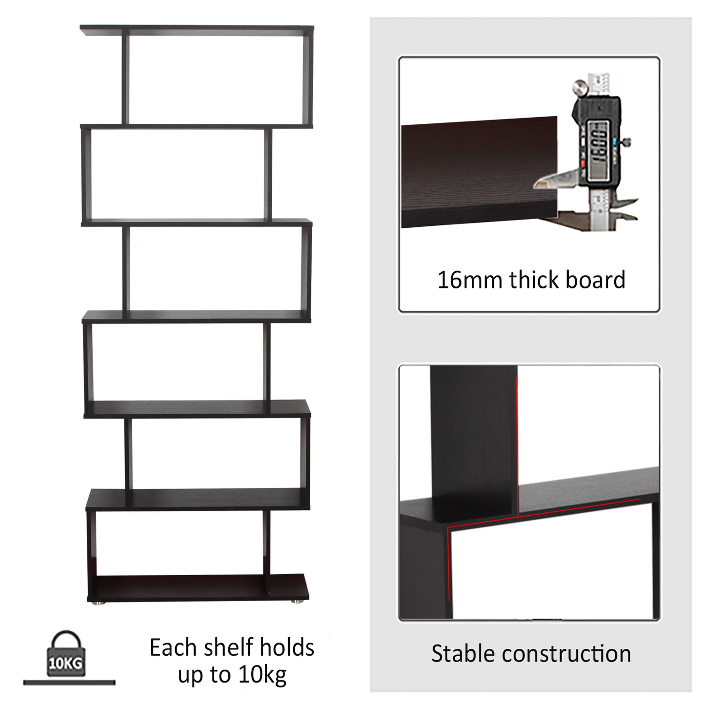 S-shaped wooden bookcase with 6 shelves