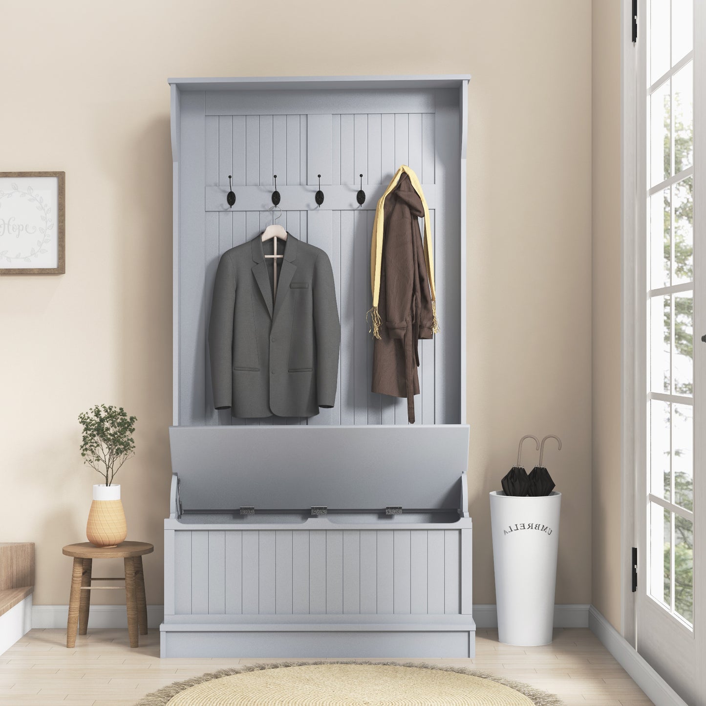 Meuble d'entrée moderne 3 en 1 avec porte-manteau, banc et rangement à chaussures, 5 crochets pour couloir et salon, gris