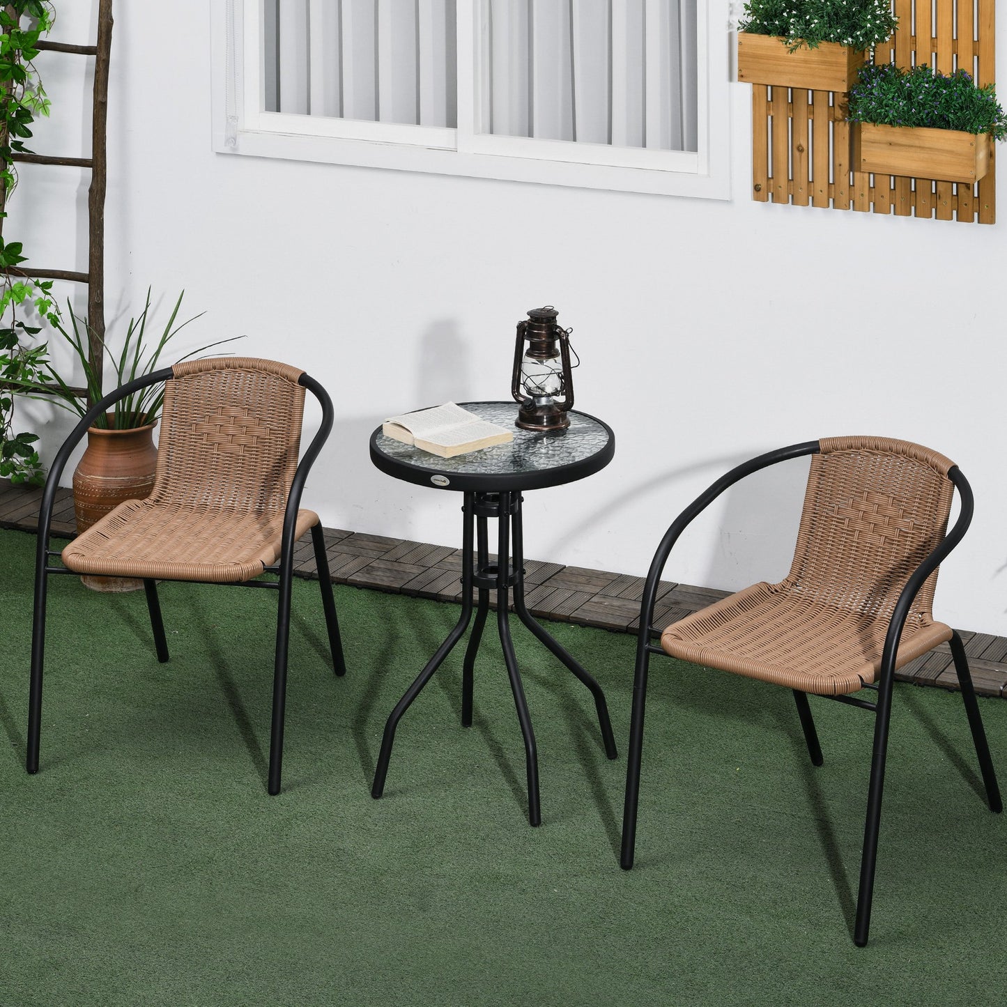 Outsunny 3-Piece Wicker Outdoor Furniture Set with 2 Stacking Chairs and Tempered Glass Coffee Table for Garden Backyard, Brown