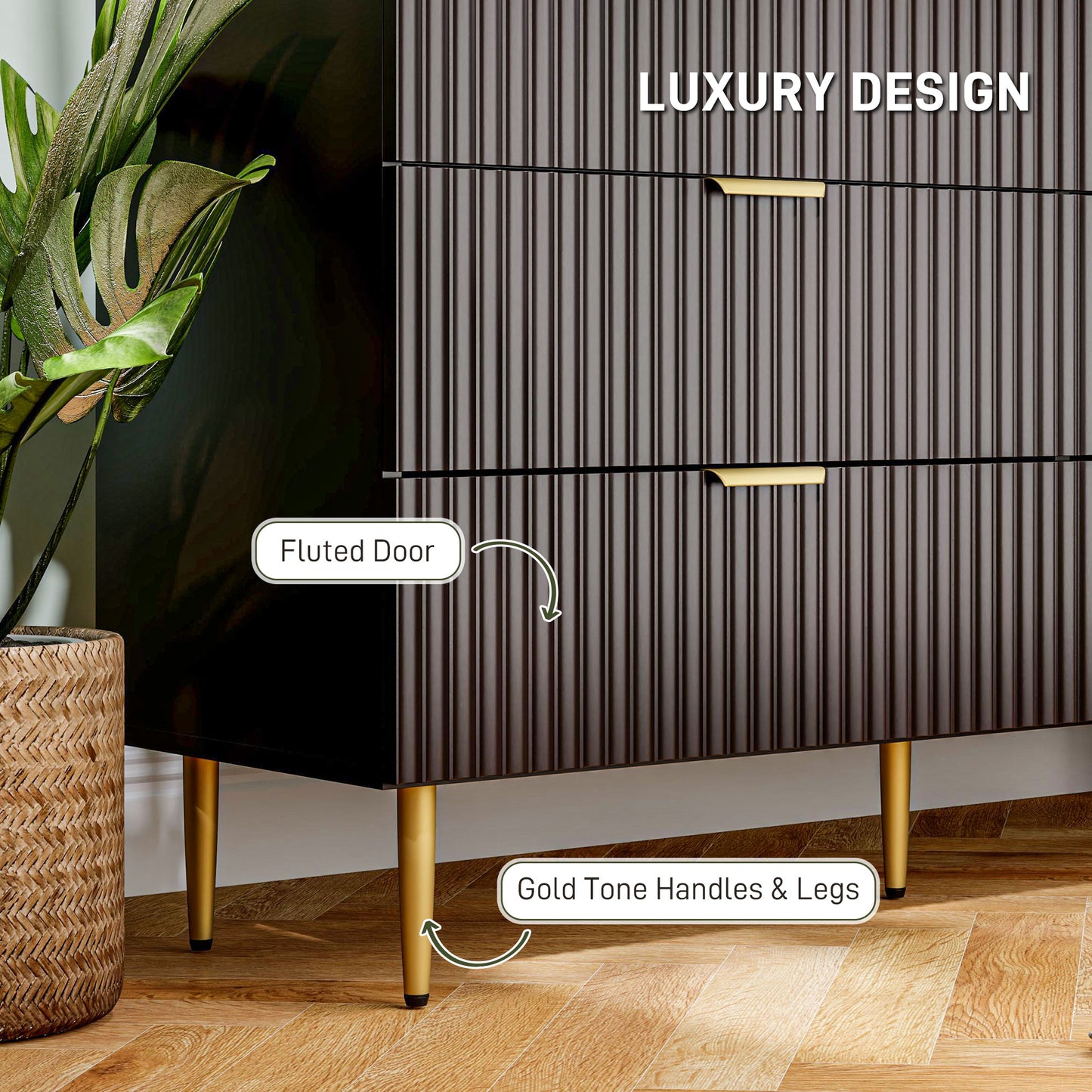 Modern 6 Drawer Bedroom Dresser with Gold Legs and Handles, Black