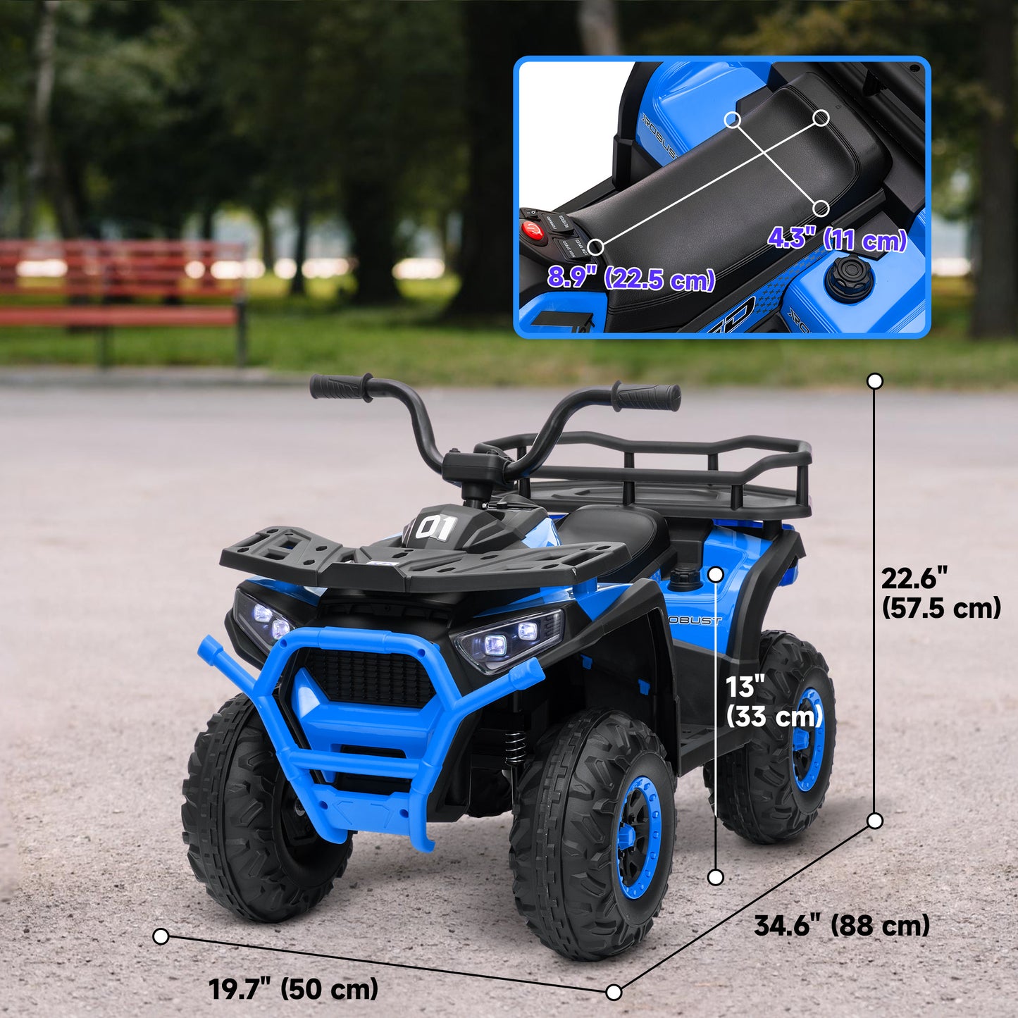 VTT pour enfants, jouet électrique à batterie 12 V avec suspension à ressort, panier de rangement, vitesse élevée et faible, bleu