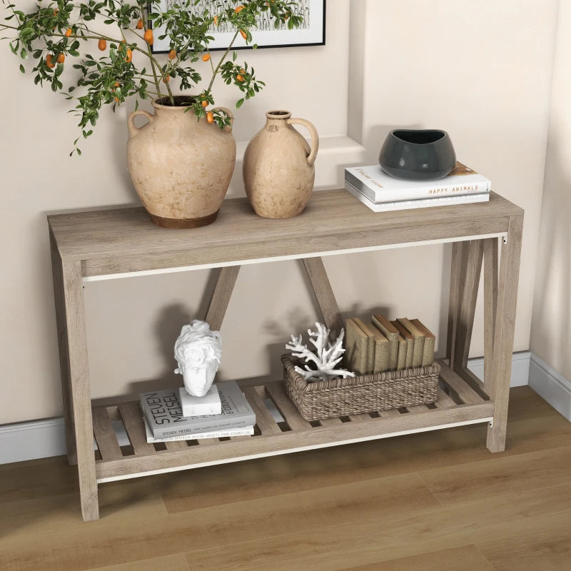 Table d'entrée style rustique avec étagère de rangement pour salon et couloir, gris vieilli