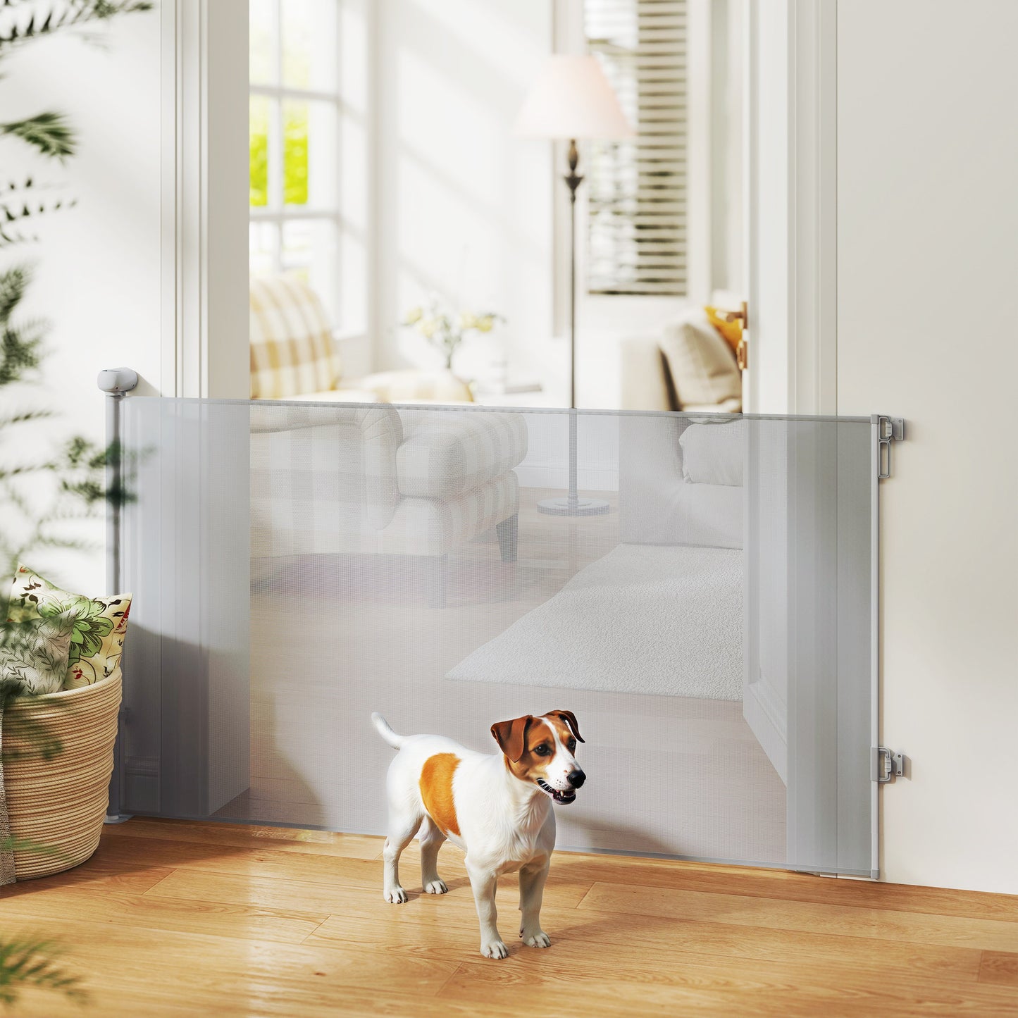 Retractable barrier extendable up to 140 cm wide and 86 cm high, for stairs, doors, corridors, interior and exterior, gray