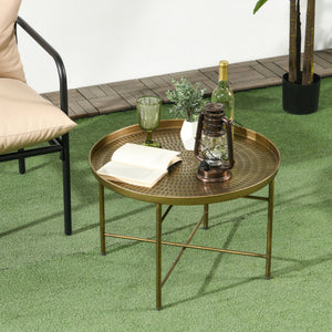 Vintage round coffee table with hammered top and metal frame, Gold