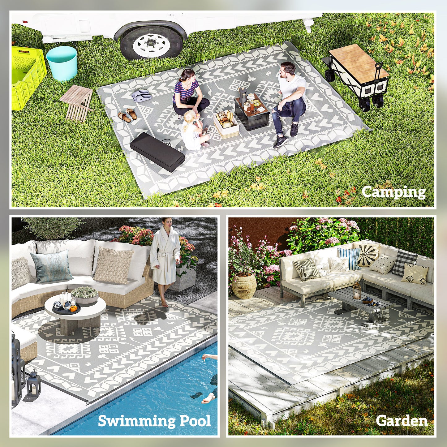 9' x 12' Outdoor RV Mat, Reversible Floor Mat with Carry Bag, Diamond Patchwork Pattern, Gray and White
