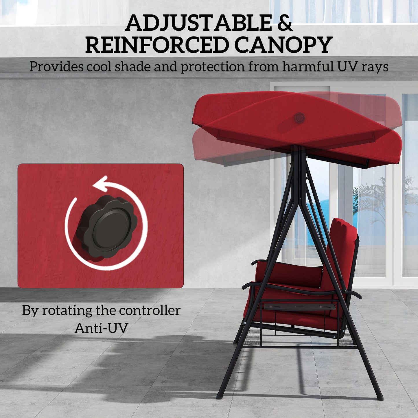 3 Person Outdoor Swing with Steel Canopy and Padded Seat, Wine Red