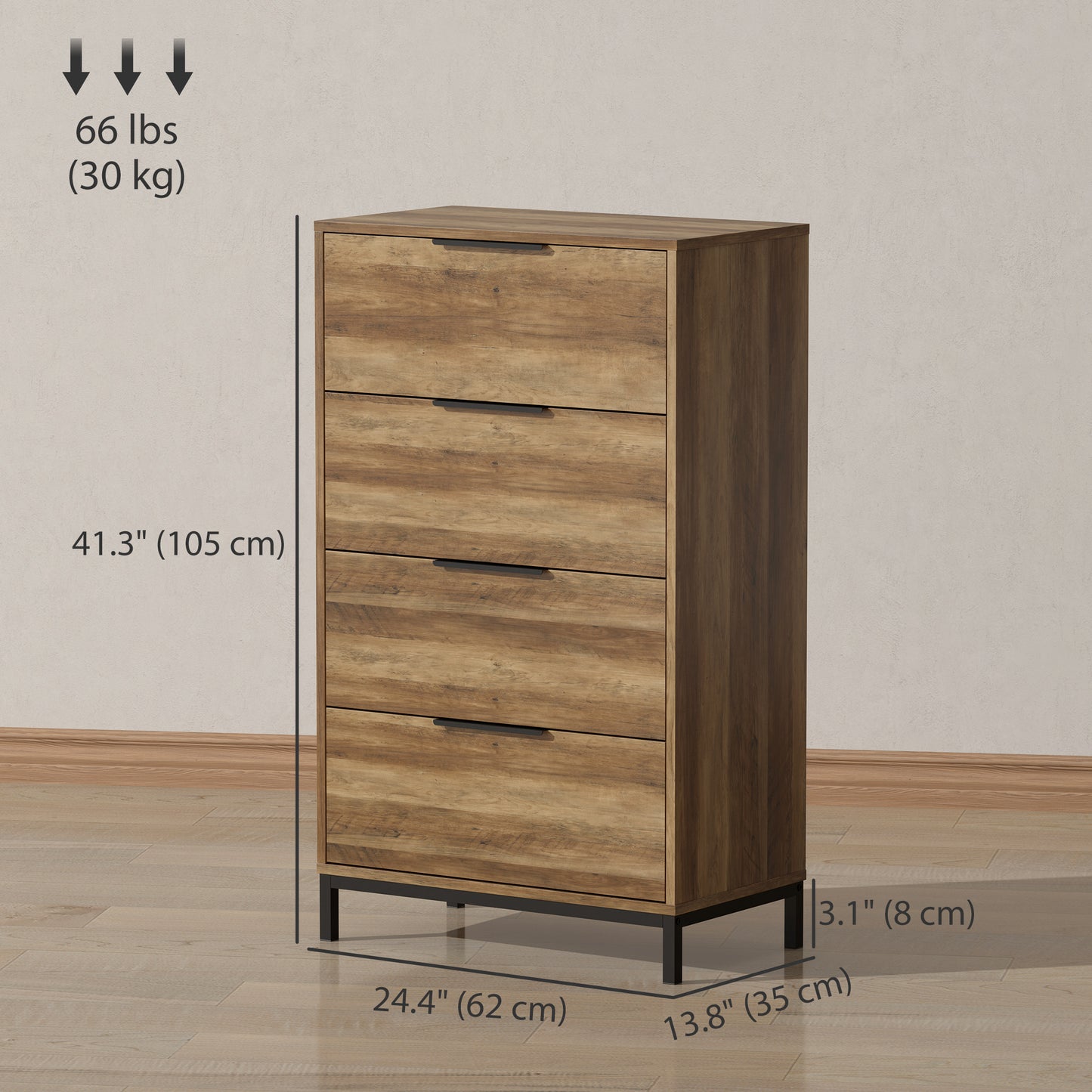Commode HOMCOM pour chambre à coucher, tour de rangement à 4 tiroirs, commode pour couloir, entrée, placard, couleur naturelle