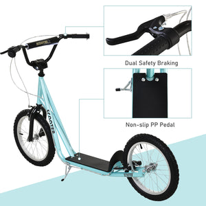 Trottinette avec roues gonflables de 16 pouces et doubles freins, bleu pâle