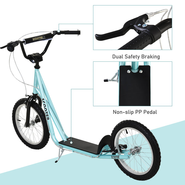 Trottinette avec roues gonflables de 16 pouces et doubles freins, bleu pâle