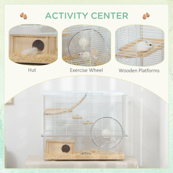 Cage pour hamster avec fond profond, rampe en bois, cabane, salle de bain et roue d'exercice pour hamster et gerbille, blanche