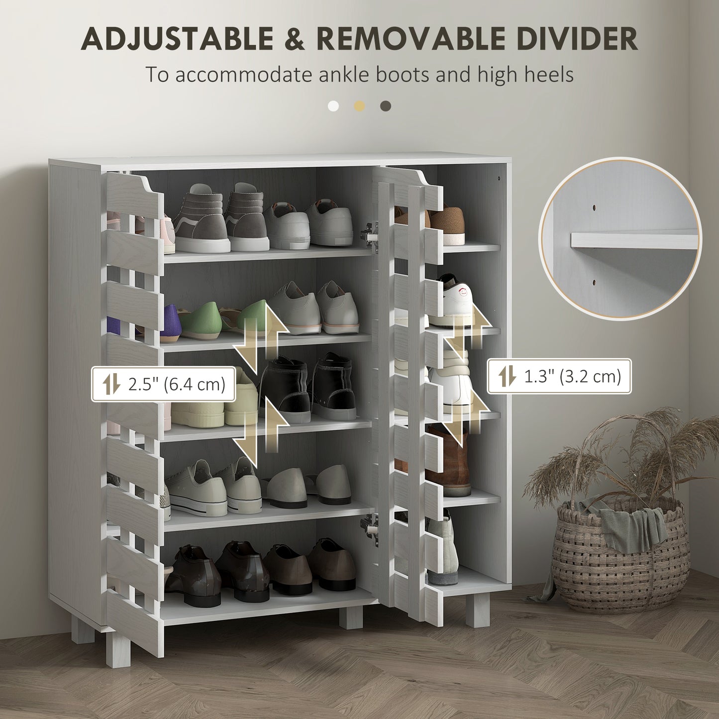Meuble à chaussures HOMCOM, meuble de rangement pour 21 paires de chaussures avec armoire à double porte à 5 niveaux et étagères ouvertes à 5 niveaux, blanc