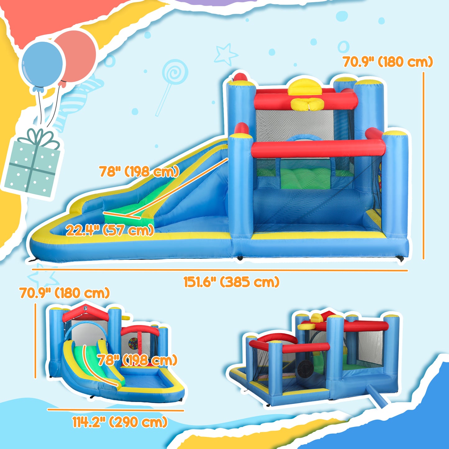 Kids Bouncy Castle with 550W Blower, Water Slide, 2 Wading Pools, Basketball Hoop, Dart Board, 12.6' x 9.5' x 5.9'