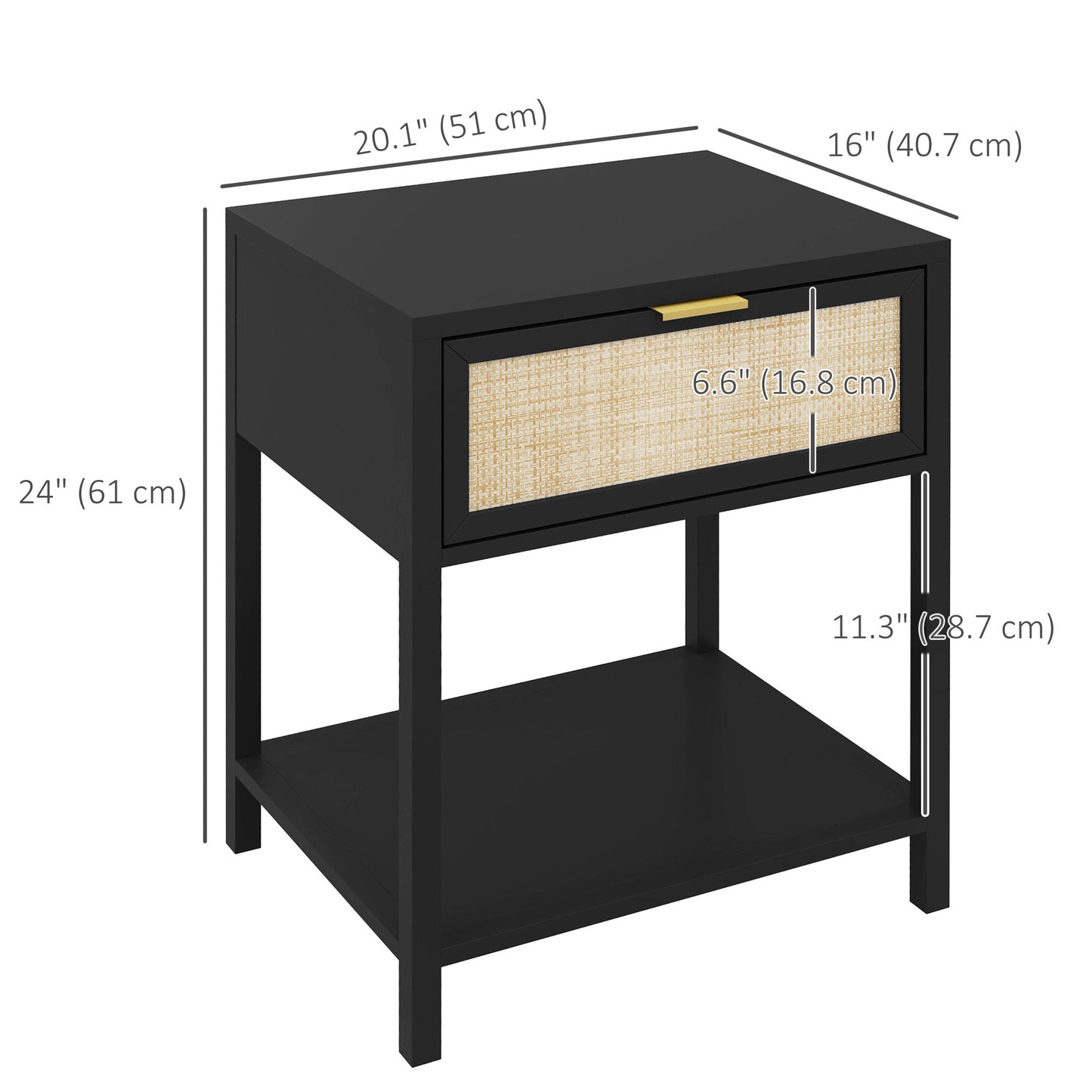Table de chevet bohème avec tiroir en rotin et étagère ouverte, noire