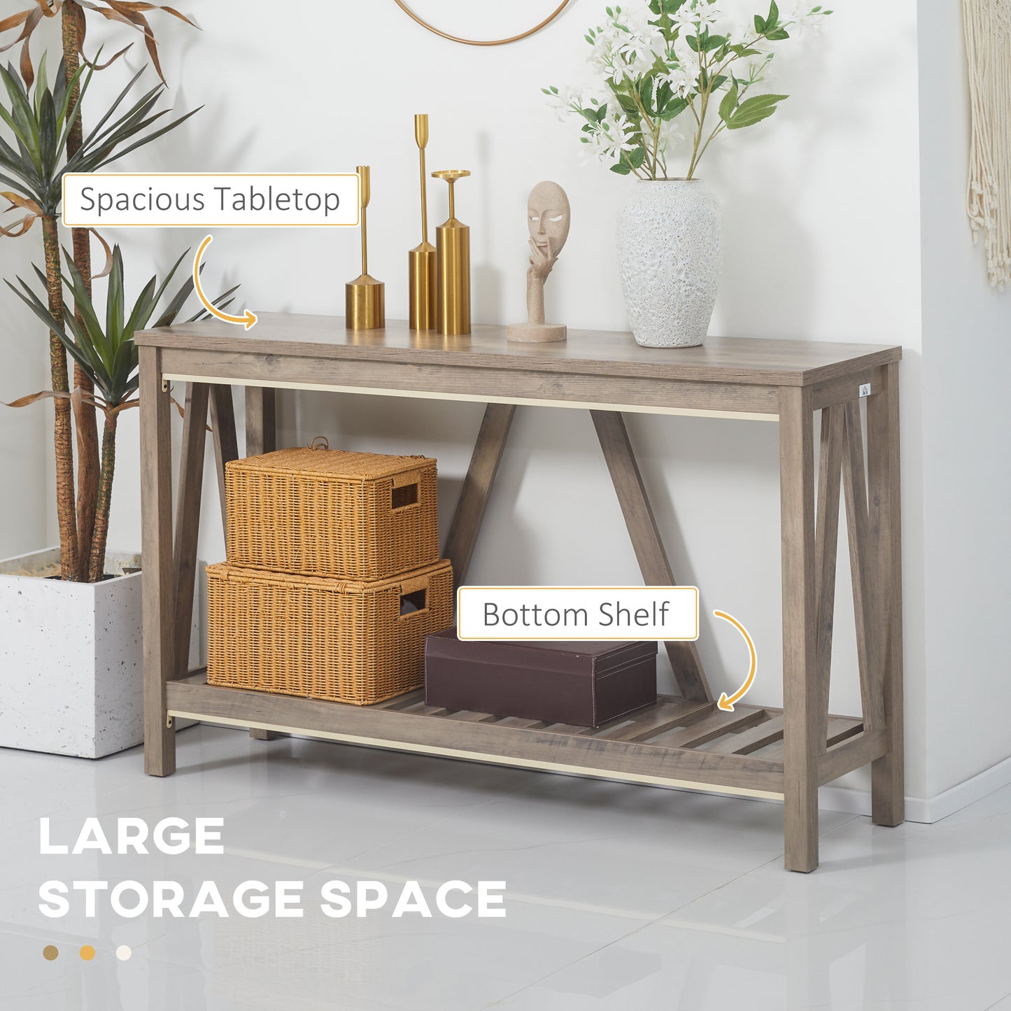 Table d'entrée style rustique avec étagère de rangement pour salon et couloir, gris vieilli