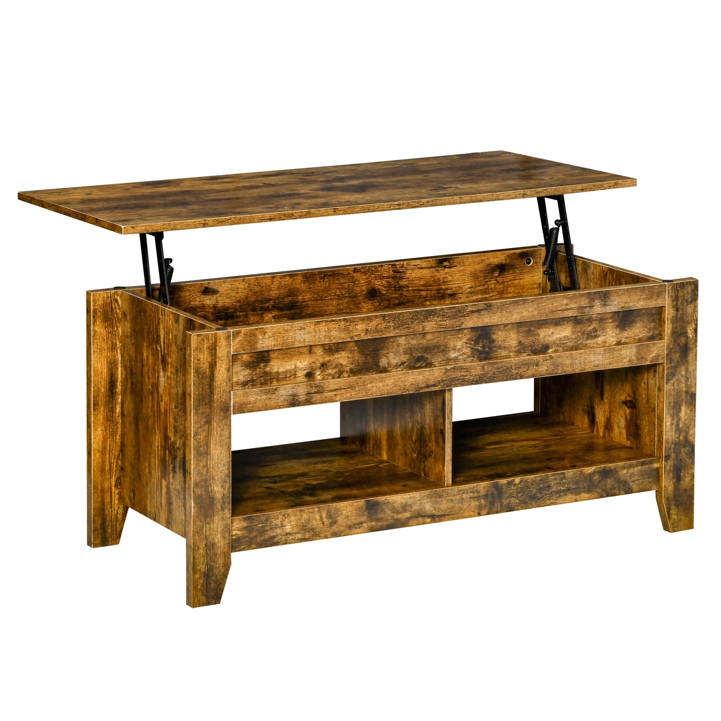 Table basse relevable avec compartiment de rangement dissimulé et étagères ouvertes, marron