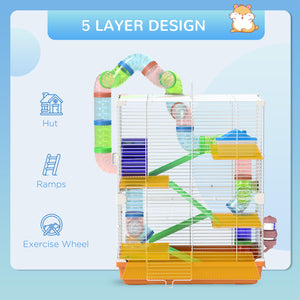 Cage pour hamster portable à 5 niveaux avec roues d'exercice, tube de jeu, bouteille d'eau, gamelle, échelle pour gerbilles, orange