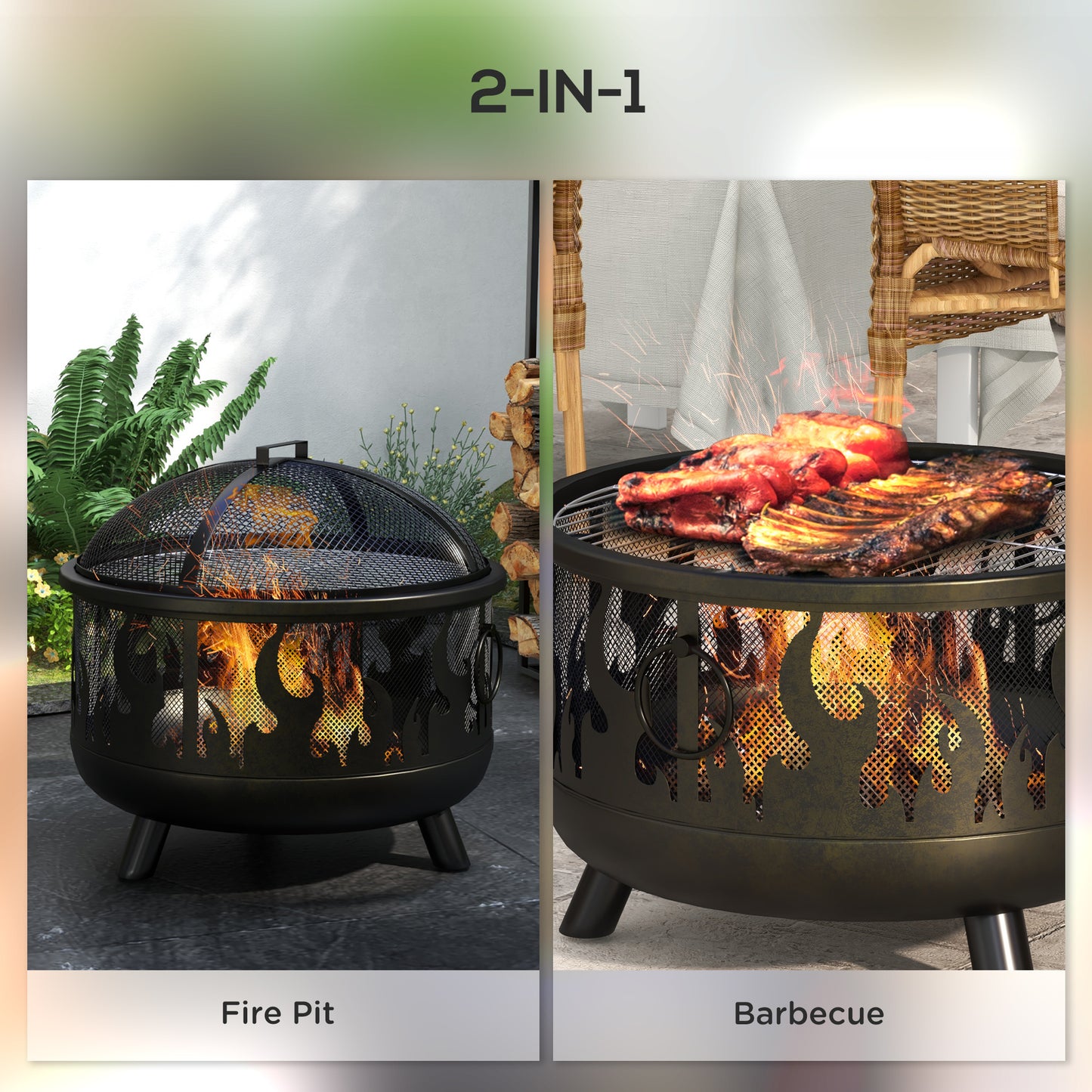 Foyer d'extérieur en métal rond de 61 cm avec couvercle et poignées de barbecue pour jardin, camping, barbecue, feu de joie, noir