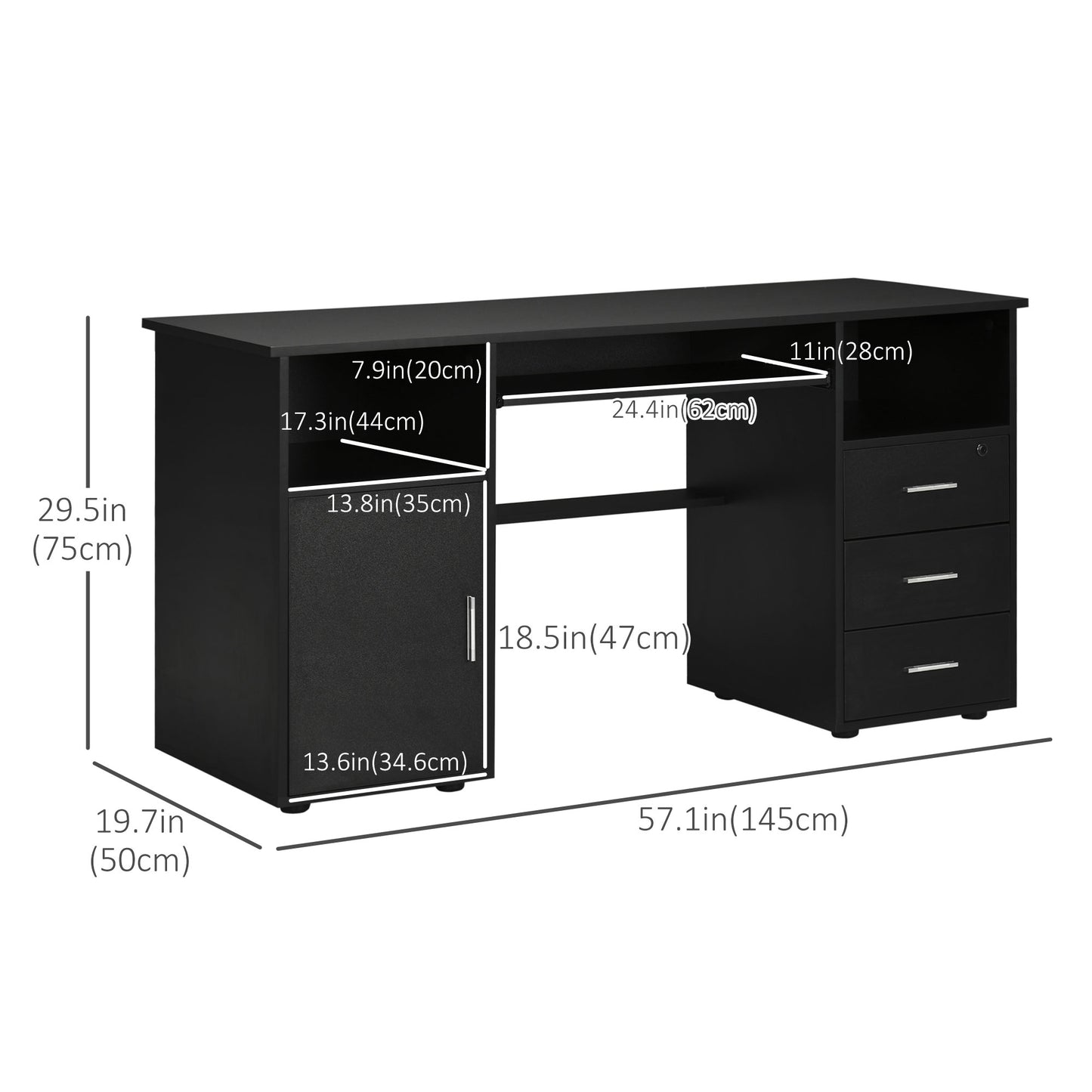 Bureau d'ordinateur avec tiroirs, plateau pour clavier, étagères ouvertes et tiroir verrouillable, noir
