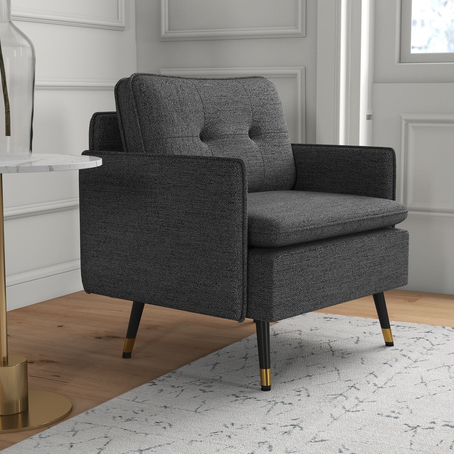 Fauteuil d'appoint moderne rembourré avec coussin de dossier capitonné et pieds en acier, pour salon et chambre, gris foncé