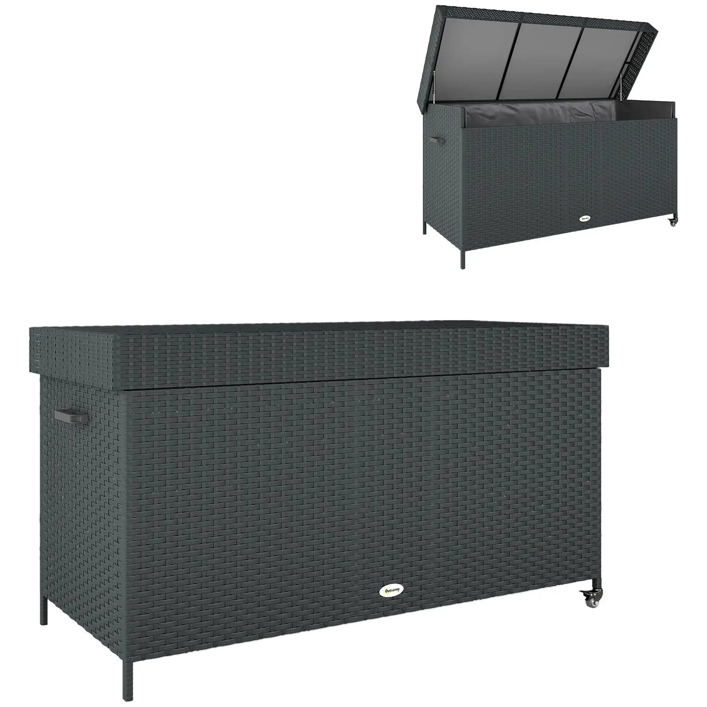 Coffre de terrasse 165 gallons en osier avec doublure imperméable, vérin à gaz et roues universelles, noir