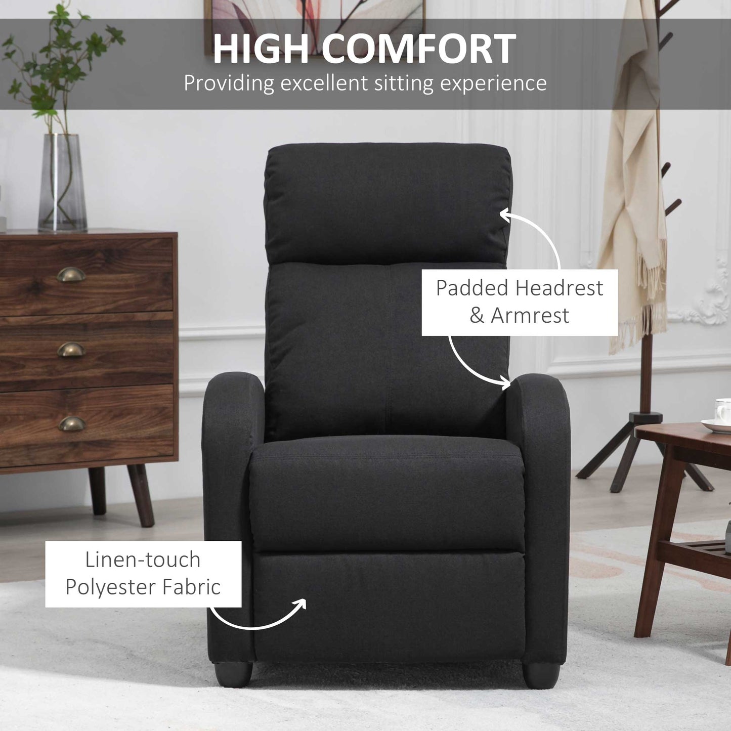 Fabric Recliner Chair, Single Recliner with Padded Seat for Living Room, Black