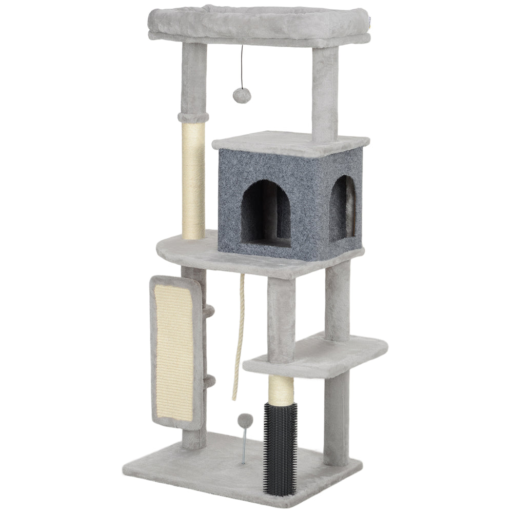 Arbre à chat de 132 cm avec griffoirs, panier, niche, brosse de toilettage, gris