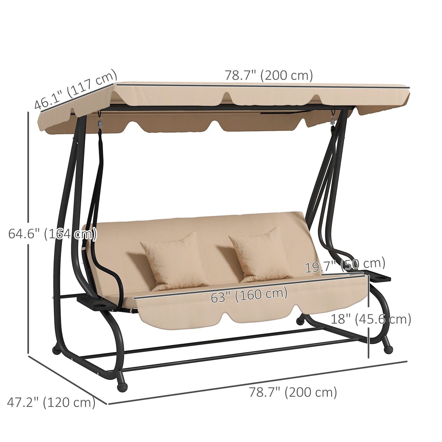 3-seater outdoor swing, convertible into a flat bed with adjustable shade, removable cushions, cup holder, light brown