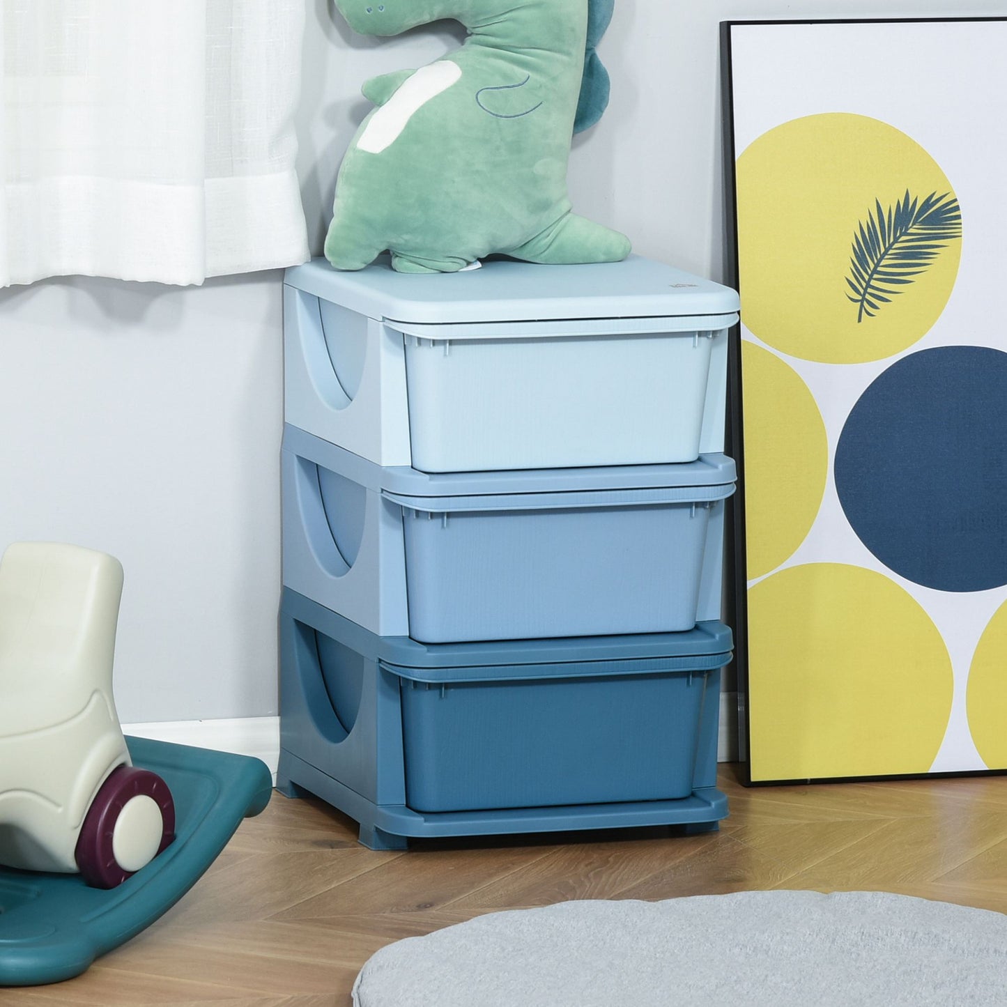 Organiseur de jouets pour enfants à 3 tiroirs en plastique, bleu