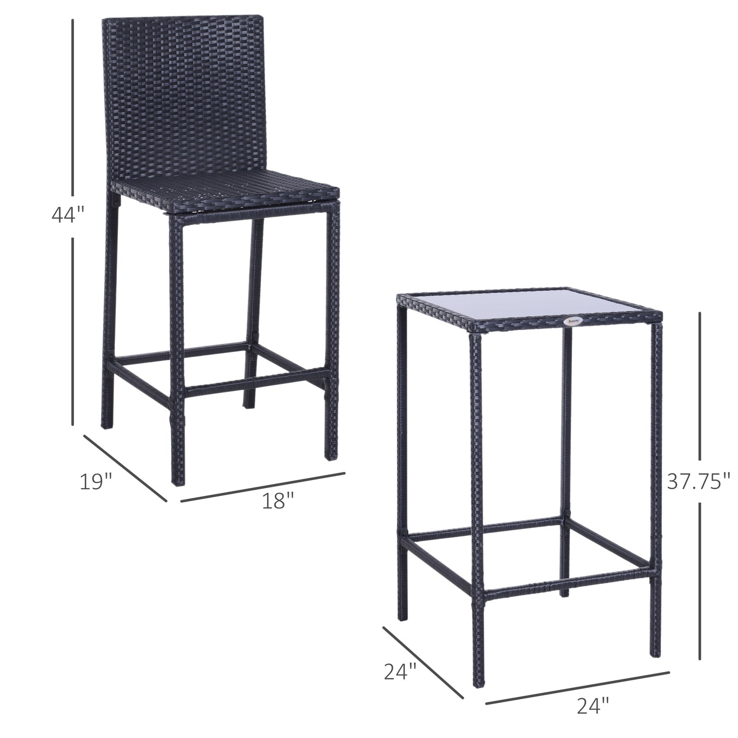 Outsunny 3 Piece Wicker Rattan Garden Bar Set, Bar Stool and Table for Patio, Garden, Balcony, Poolside, Black