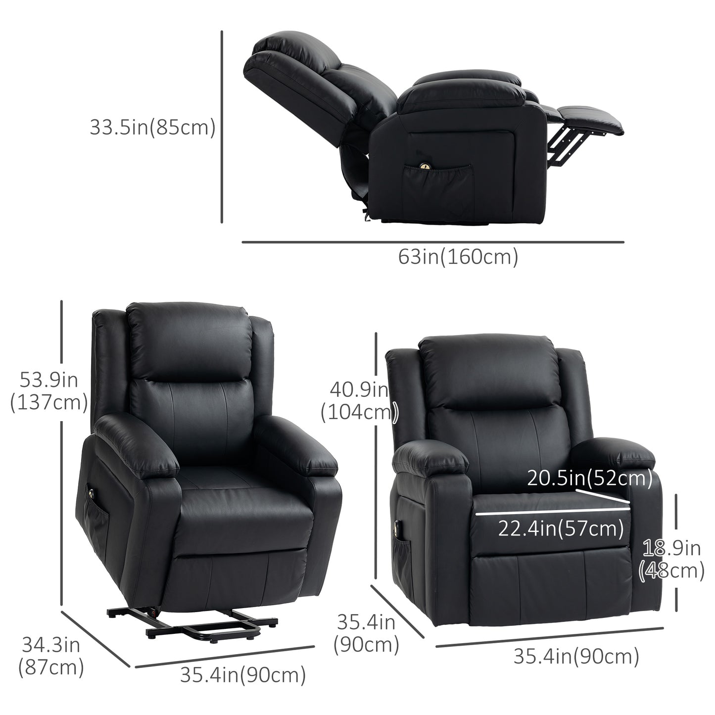 Fauteuil releveur inclinable électrique en cuir synthétique avec télécommande, poches latérales, montage rapide, noir
