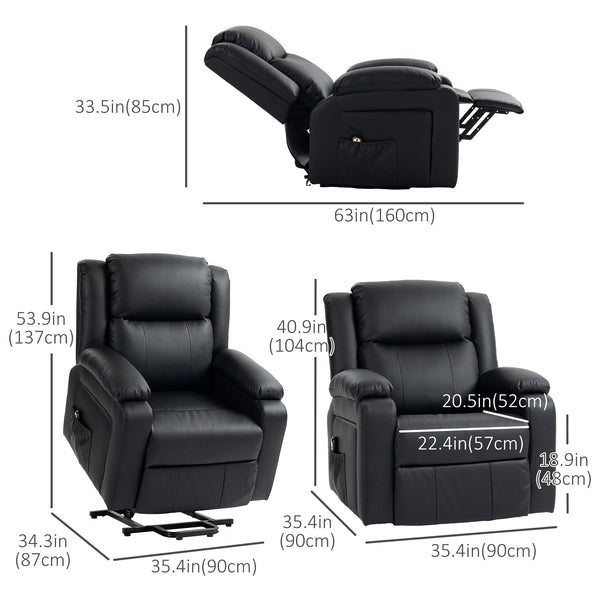 Fauteuil releveur inclinable électrique en cuir synthétique avec télécommande, noir