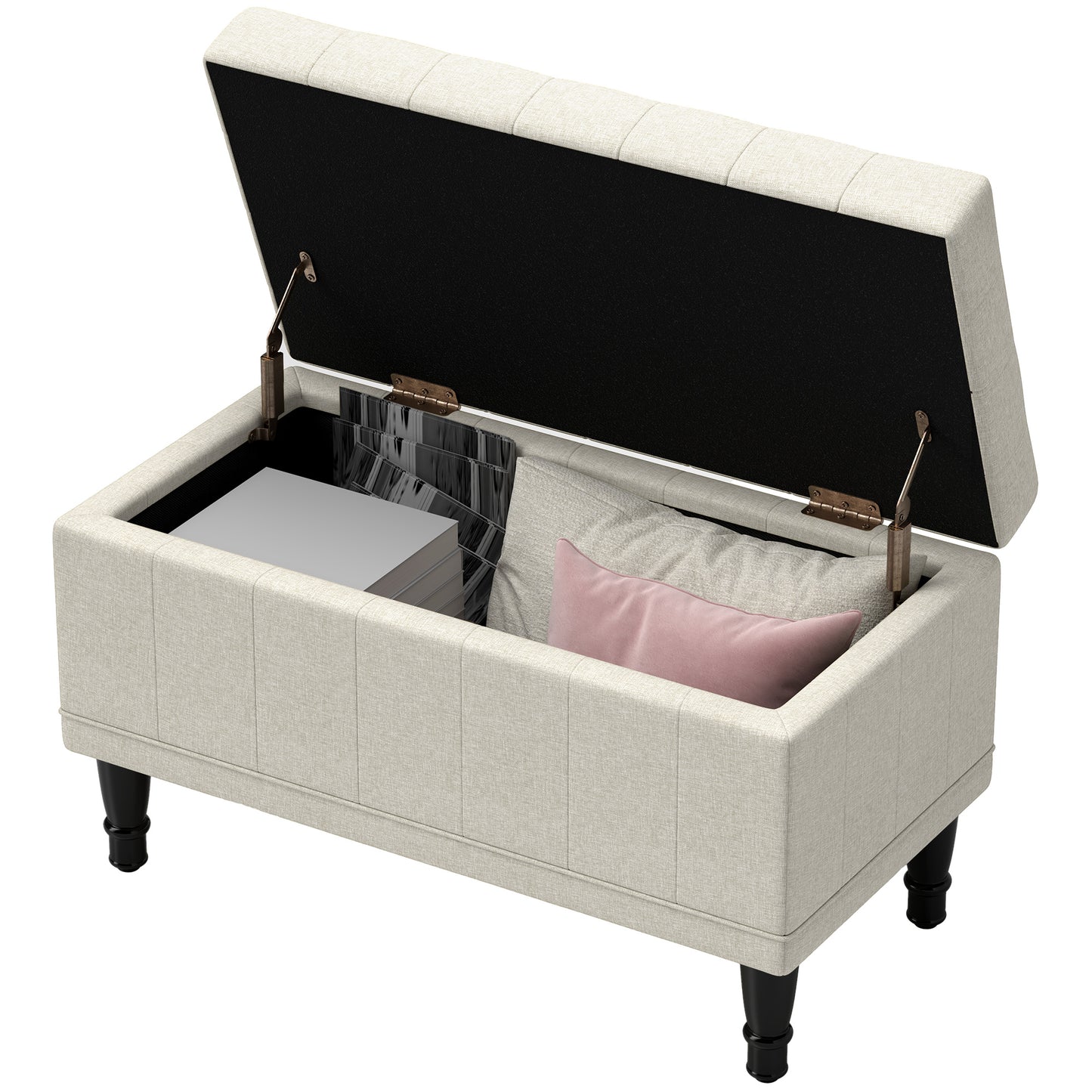 Pouf de rangement, banc de chevet en tissu lin avec capitonnage à boutons, beige