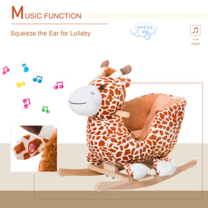 Wooden and plush rocking giraffe with sound and seat belt