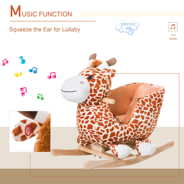 Wooden and plush rocking giraffe with sound and seat belt