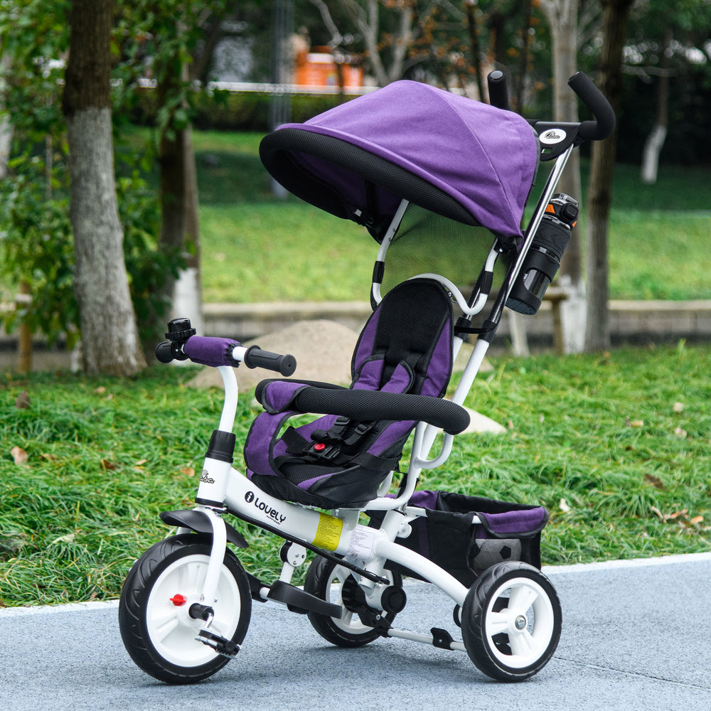 Tricycle 6 en 1 avec panier, auvent, harnais de sécurité 5 points, violet