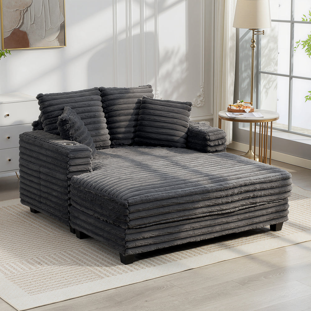 Chaise de lecture rembourré surdimensionné avec porte-gobelets et oreillers, gris