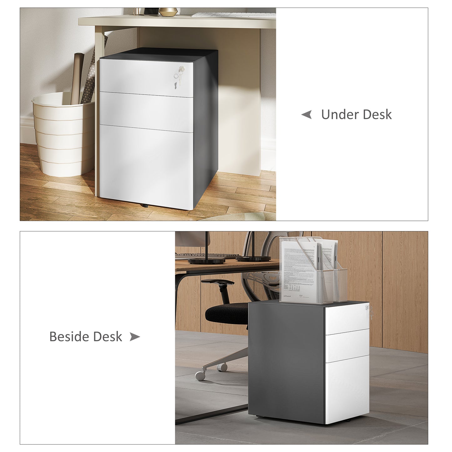 Classeur Vinsetto 3 tiroirs, meuble de rangement à roulettes pour bureau à domicile, serrure pour dossiers A4, lettres et format légal, gris et blanc