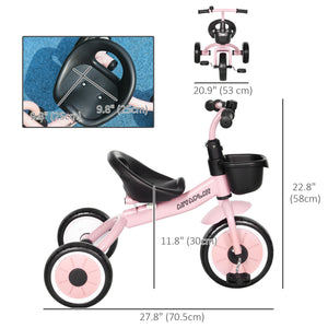 Tricycle avec siège réglable, panier, sonnette, rose