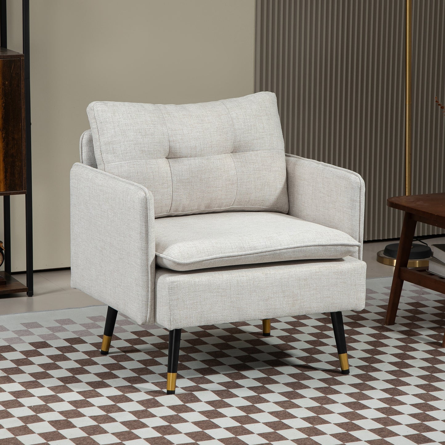 Fauteuil d'appoint moderne rembourré avec coussin de dossier capitonné et pieds en acier pour salon, blanc crème