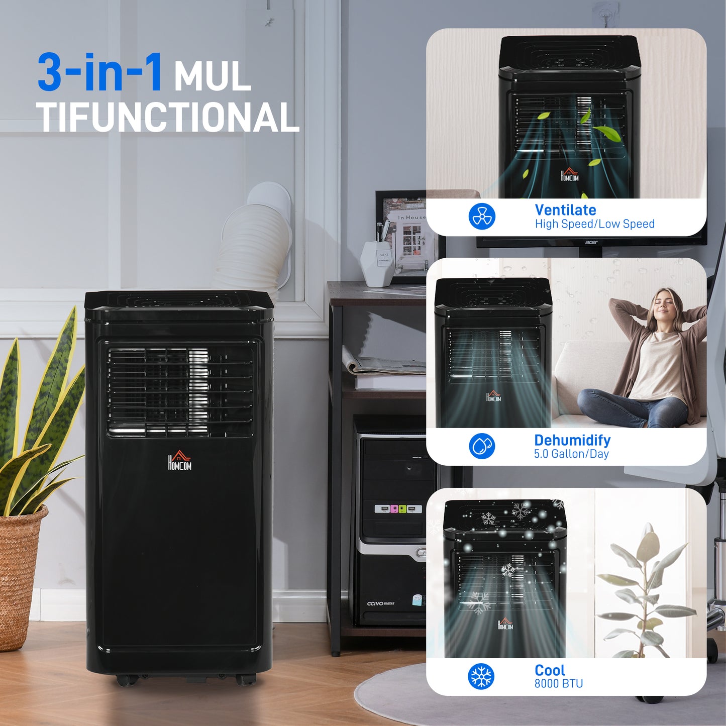 Climatiseur portatif 8 000 BTU avec refroidissement, déshumidificateur, télécommande