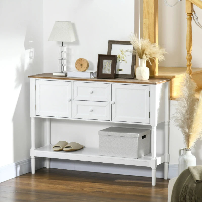 Console vintage avec 2 tiroirs et rangements, blanche