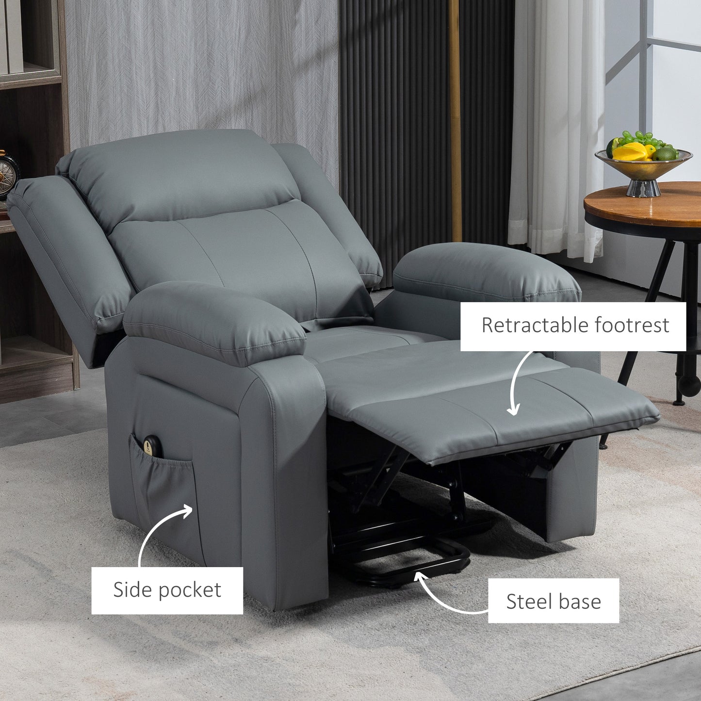 Fauteuil releveur électrique en cuir synthétique avec télécommande, poches latérales, montage rapide, gris