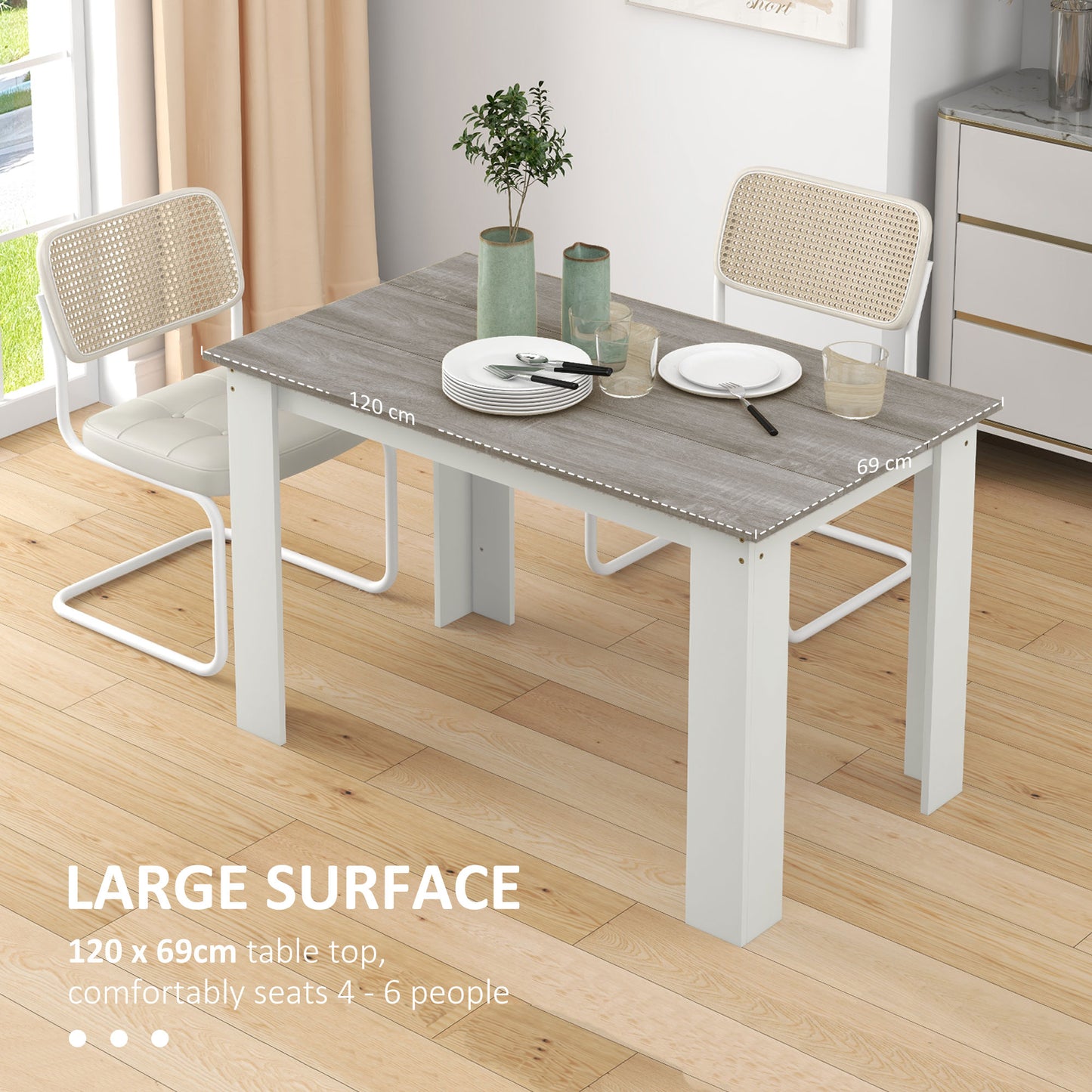 Table de cuisine pour 4 à 6 personnes, table à manger avec plateau plaqué, gris