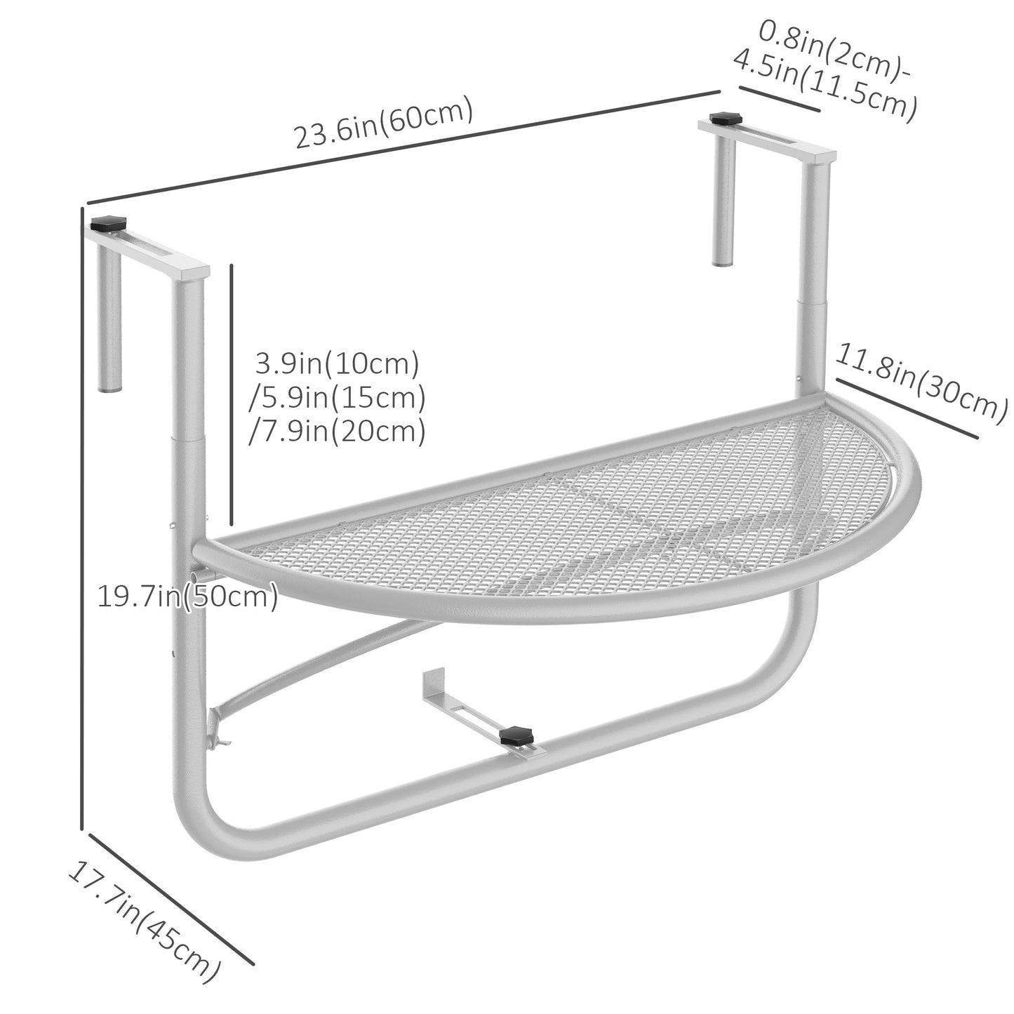 Adjustable metal balcony table, half-round serving table, white