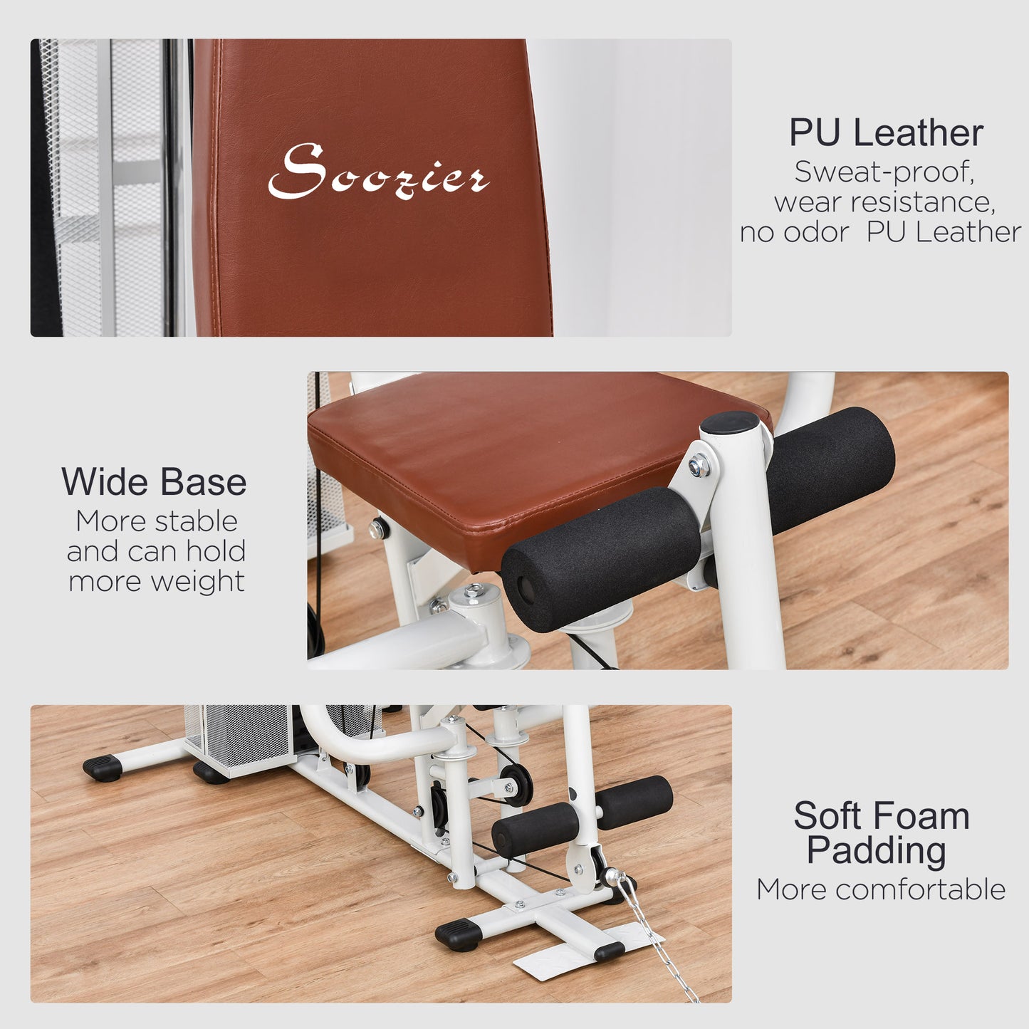 Station d'entraînement multifonction avec poids de 45 kg pour tirage latéral, extensions de jambes, flexions des biceps, tirages des triceps, développé couché, blanc