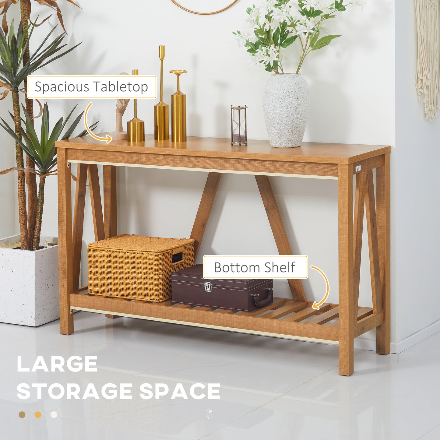 Console d'entrée étroite de style campagnard avec étagère de rangement, marron