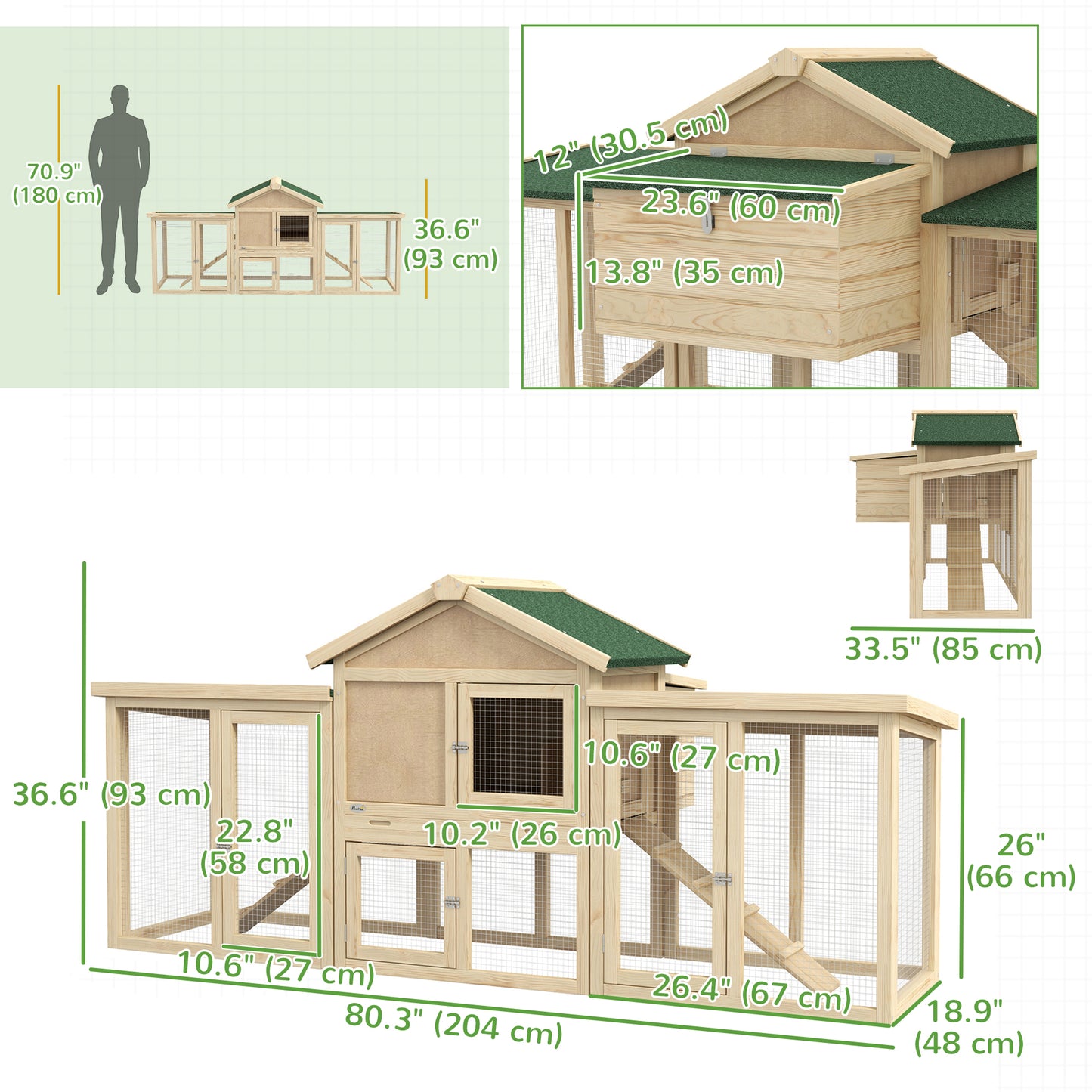 PawHut Wooden Chicken Coop, Large Outdoor Garden Hutch with Nest Box, Run, Ramp and Drawer