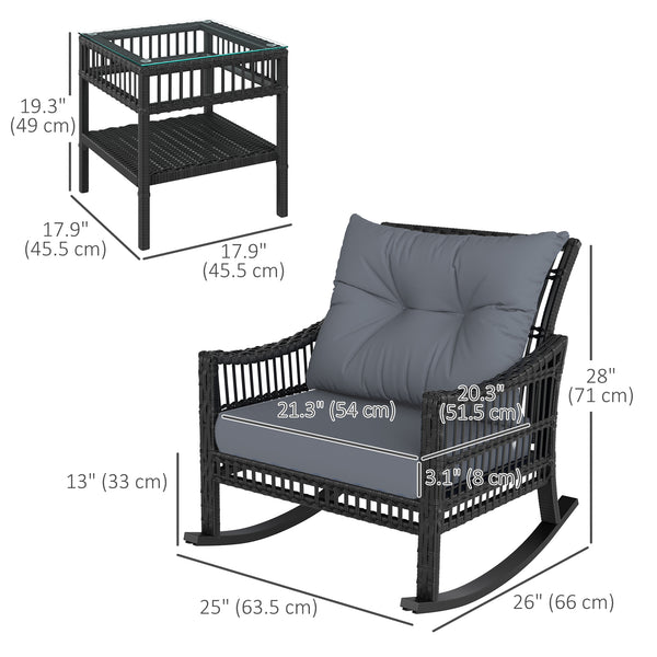 Set of 3 synthetic rattan rocking chairs with tempered glass top, gray