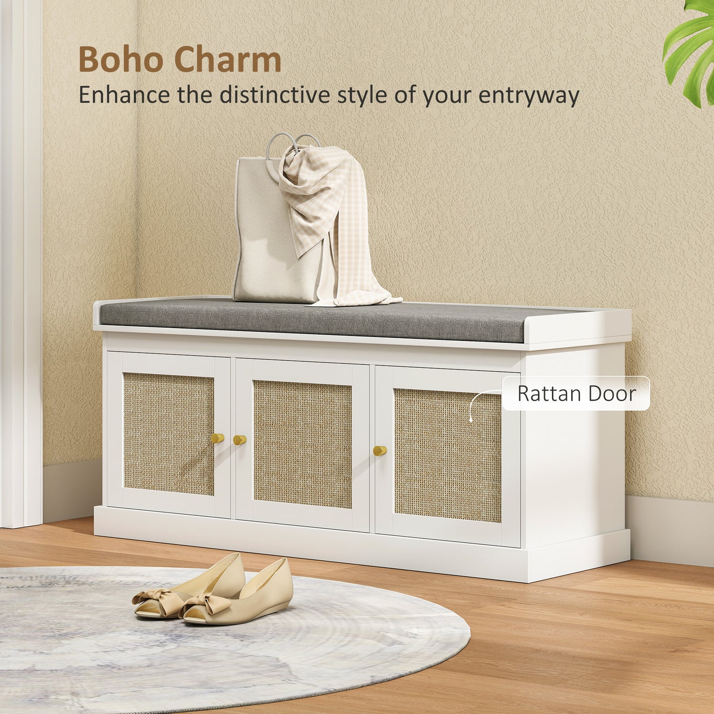 Bbanc d'entrée avec portes en rotin tressé et coussin, étagères réglables, blanc