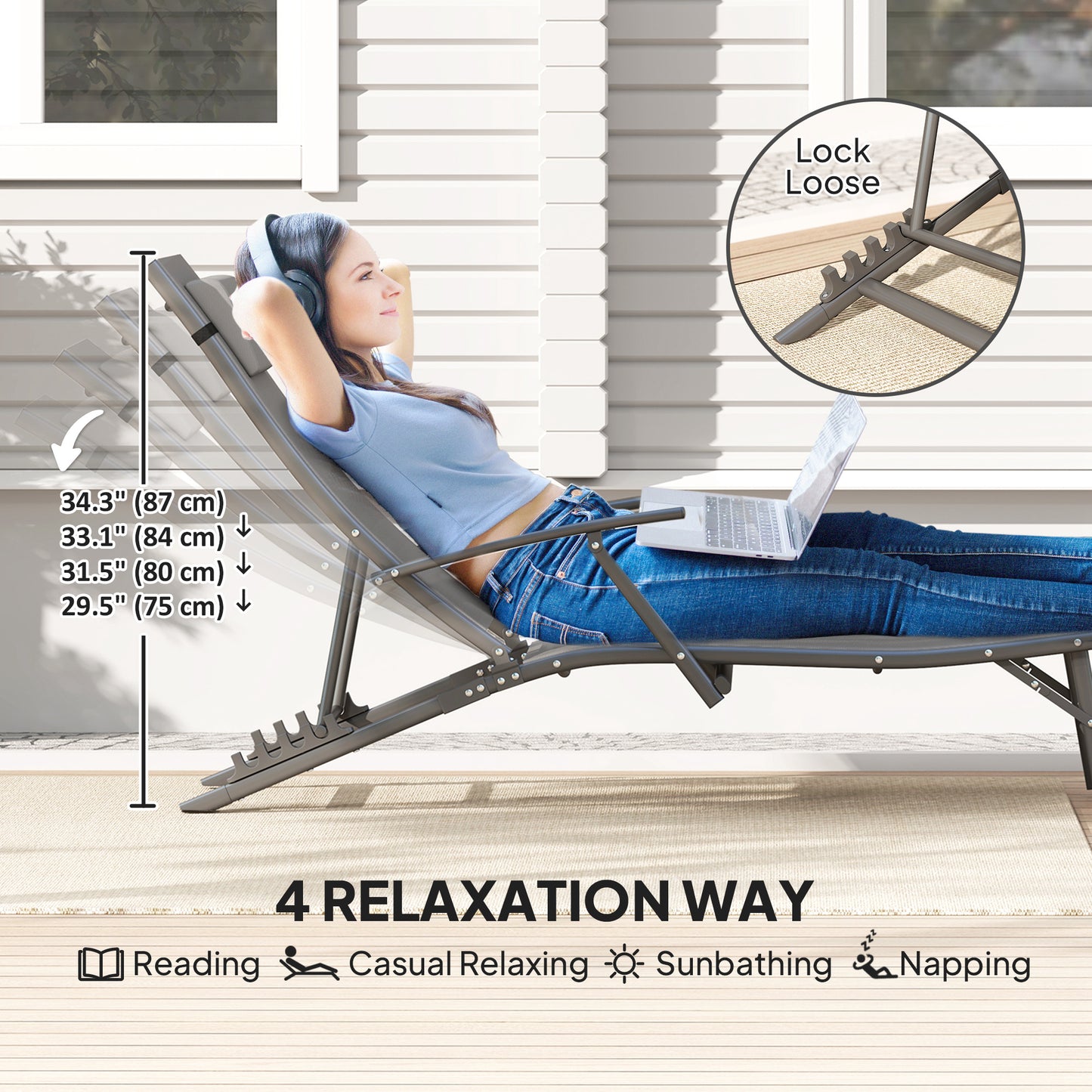 Outsunny Set of 2 Folding Sun Loungers with Cushion for Patio, Garden, Beach, Grey